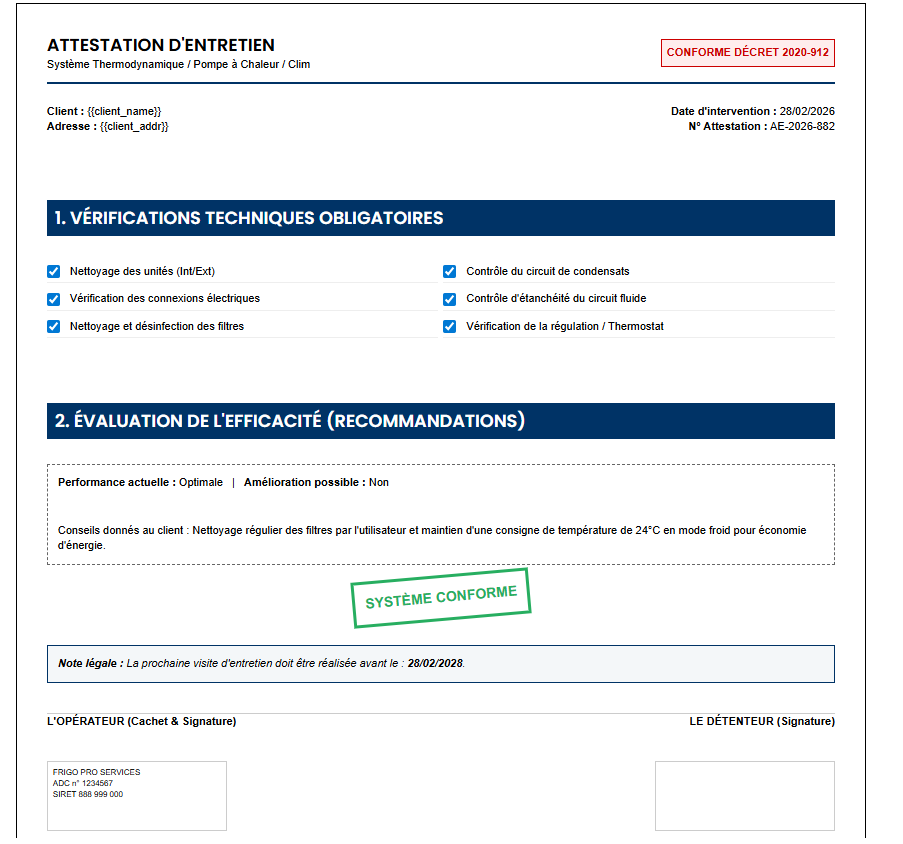 Attestation d'entretien